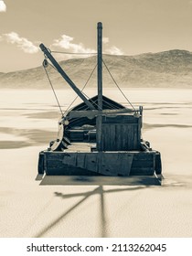 wood fishing boat is low tide on the desert after rain rear view, 3d illustration