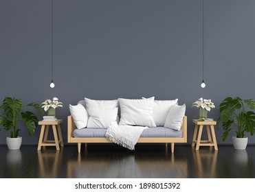 Wood gray sofa and table in living room for mockup, 3D rendering