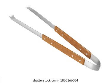 Wood Handled BBQ Tongs 3D Illustration On White Background
