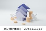 Wood house model or up arrow on pastel background, finance and banking about house concept, investment ideas about real estate companies, financial success and growth concept, copy space, 3d rendering