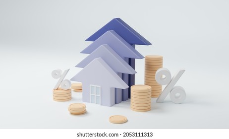Wood house model or up arrow on pastel background, finance and banking about house concept, investment ideas about real estate companies, financial success and growth concept, copy space, 3d rendering