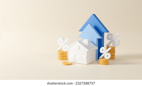 Wood house model or up arrow on pastel background, finance and banking about house concept, investment ideas about real estate companies, financial success and growth concept, copy space, 3d rendering - Powered by Shutterstock