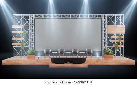 Wood and metal event stage with conference panel chairs, industrial design with giant screen, 3d rendering.