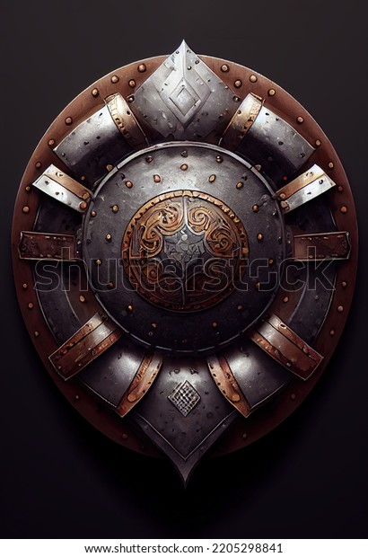 Wood and metal round viking shield.\
Medieval decorative armour with ornaments. Metallic decorations,\
realistic illustration of historic buckler shield\
