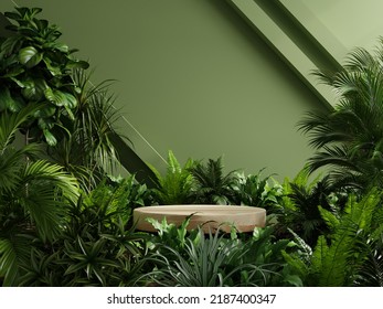 Wood pedestal in tropical forest for product presentation   green wall 3D rendering