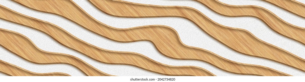 Wood and plaster seamless texture with waves pattern, mosaic texture, 3d illustration, long texture