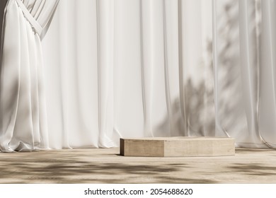 Wood platform on wooden and white curtain, Sunshade and trees shadow on background. Abstract background for product or ads presentation. 3d rendering