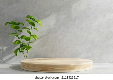Wood podium on table counter with concrete grunge texture background.3d rendering