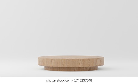 Wood Podiums On White Background. Abstract Minimal Scene With Geometrical. Scene To Show Cosmetic Products Presentation. Mock Up Design Empty Space. Showcase, Shopfront, Display Case,3d Render