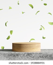 Wood Product Display Podium. Falling Green Leaves On White Background. 3d Rendering