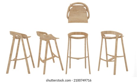 wood stool bar on white background, top view, side, 3d rendering