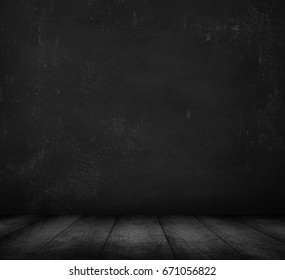 Wood Table And Black Concrete Wall Background.