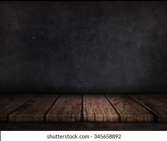 Wood Table And  Black Wall Background