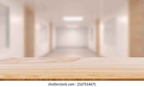 Wood Table Top On Blurred Hallway Background For Display Or Montage Your Products. 3d Illustration.