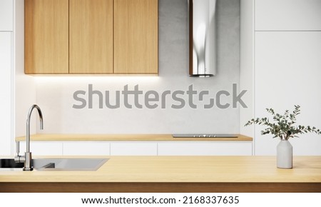 Wood table top on kitchen counter room background. Modern Japandi style apartment ideas, 3D rendering