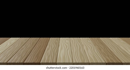 Wood Table Top Or Wood Slats Wall 3D Rendering Isolated On Black Background For Montage Product Display.