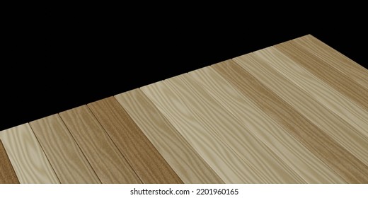 Wood Table Top Or Wood Slats Wall 3D Rendering Isolated On Black Background For Montage Product Display.