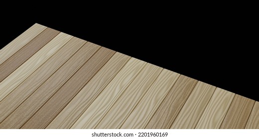 Wood Table Top Or Wood Slats Wall 3D Rendering Isolated On Black Background For Montage Product Display.