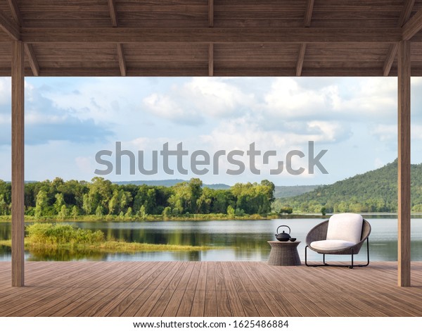 Wood terrace with beautiful lake and mountain\
view 3d render,There are old wood terrace floor,Decorate with\
rattan lounge chair,Surrounded by\
nature