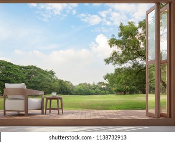 Wood terrace with garden view 3d render,There are large open doors. Overlooks to wooden terrace and large garden.