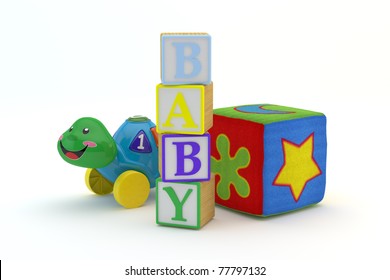 Wood Toy Blocks Spelling Baby With Baby Toys In Background Isolated On A White Background 3d Model, 300 D.P.I