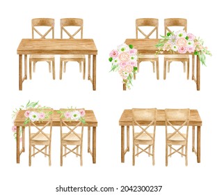 Wood wedding tables set. Watercolor head table with flower arrangements isolated on white. Hand drawn sweetheart table with greenery decor front and back view. Rustic wedding reception sketch