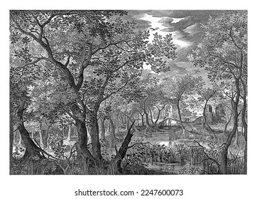 Wooded landscape and music  making company the water the left  In the distance figures walk over bridge towards castle 