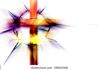 Wooden abstract cross with a crown of thorns on a white background. Lent, Easter, Holy Week, Passion symbol, with copy space for text.