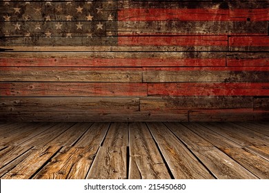 Wooden American Vintage Stage Background. Stage With Painted Aged American Flag Paint.