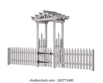 wooden arbor, gate, fence, isolated on the white background