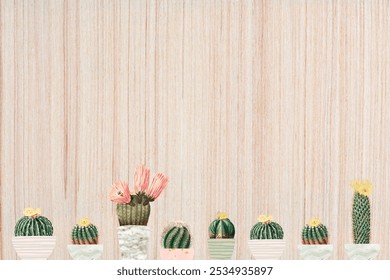 Wooden background with vertical lines, beige color. Background features beige tones with a subtle wood texture, enhancing the beige color. Cactus border beige background.