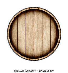 Wooden Barrel Isolated On White Background, Top View. 3d Rendering. Old Wine, Whiskey, Beer Barrel.