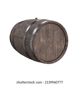 Wooden Barrel Made Of Dark Wood On The Side On A White Background, 3d Render