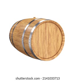 Wooden Barrel Made Of Light Wood On The Side On A White Background, 3d Render