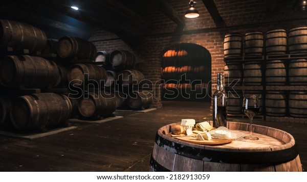 Wooden barrels with wine in the cellar. Red\
wine tasting in the wine vault. Glass of red wine on the warehouse.\
3d illustration