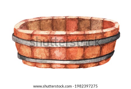 Wooden basin (tub) on a white background. Watercolor illustration