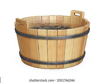 Wooden Bath Tub Filled With Water Isolated On White Background 3d Rendering