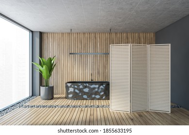 Wooden Bathroom With Black Bathtub With A Plant And Big Window, Grey Wooden Bathroom With Light Panel Wooden Screen In Flat 3D Rendering, No People