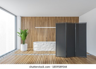 Wooden Bathroom With White Bathtub With A Plant And Big Window, White Wooden Bathroom With Black Panel Wooden Screen In Flat 3D Rendering, No People