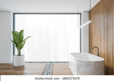 Wooden Bathroom With White Bathtub, Side View, A Plant And Large Big Window. White Wooden Bathroom In Modern Luxury Bath With City View, 3D Rendering, No People