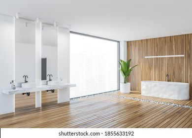 Wooden Bathroom With White Bathtub And Two Sinks With Mirrors, Side View, A Plant And Big Window. White Wooden Bathroom In Modern Luxury Flat 3D Rendering, No People