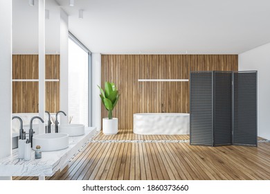 Wooden Bathroom With White Bathtub And Two Sinks With Mirror, With A Plant And Big Window, White Wooden Bathroom With Black Panel Wooden Screen In Flat 3D Rendering, No People