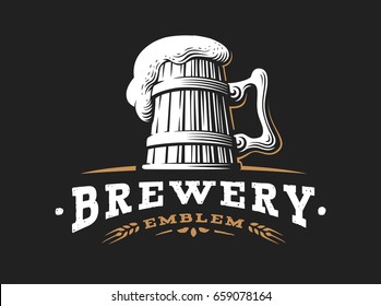 Wooden beer mug logo - illustration, emblem brewery design on dark background - Powered by Shutterstock