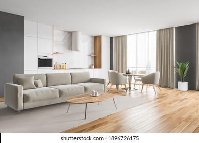 Wooden And Beige Minimalist Kitchen Set Near Window With Curtains. Sofa And Dining Table With Dishes And Four Chairs, Side View. Kitchen Room With Furniture, 3D Rendering No People