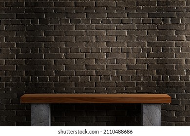 Wooden Bench On Concrete Piles Against A Dark Brick Wall 3d Rendering. Empty Wood Shelf Top And Background Wall. For Product Display