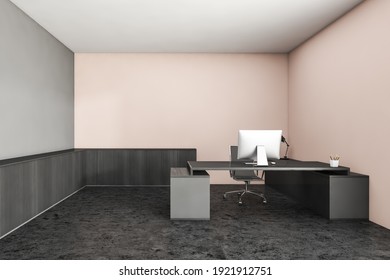 Holzschwarzer Beratungsraum mit Tisch und Computer auf schwarzem Boden mit beigefarbenen Wänden. Graues minimalistisches Interieur des Business-Manager-Zimmers, 3D-Darstellung für niemanden