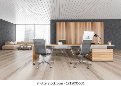 Wooden And Black Office Room With Armchairs And Wooden Table With Computer On Parquet Floor. Minimalist Consulting Business Room, 3D Rendering No People