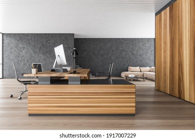 Wooden And Black Office Room With Armchairs And Wooden Table With Computer On Parquet Floor, Side View. Minimalist Consulting Business Room, 3D Rendering No People