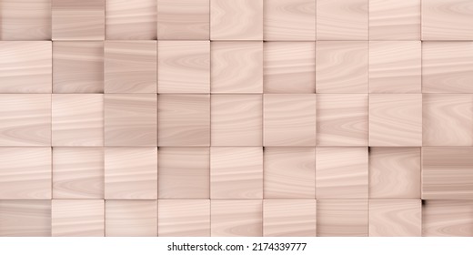 Wooden Blocks Background From Random Shifted Wood Cubes Flat Lay Top View From Above, 3D Illustration