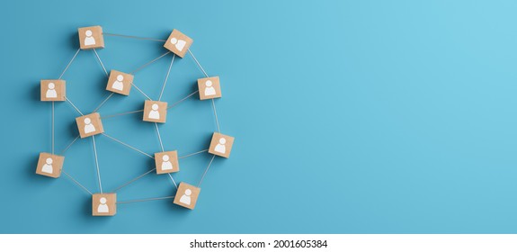 Wooden Blocks With People Icon On A Blue Background, 3d Illustration, Human Resources And Team Management Concept. 3D Rendering.